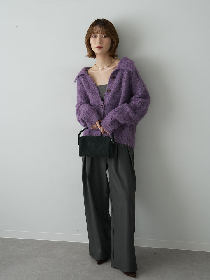 [SET]ビッグカラーケーブルシャギーカーディガン+ツイルタックワイドパンツ(2set)