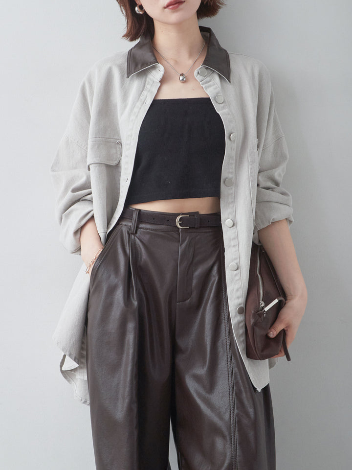[予約]レザーカラーデザインポケットオーバーシャツ/white