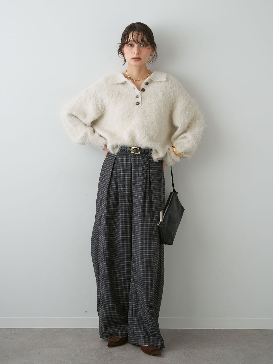 [SET]ヘンリーシャギーニットトップス+チェックタックワイドパンツ(2set)