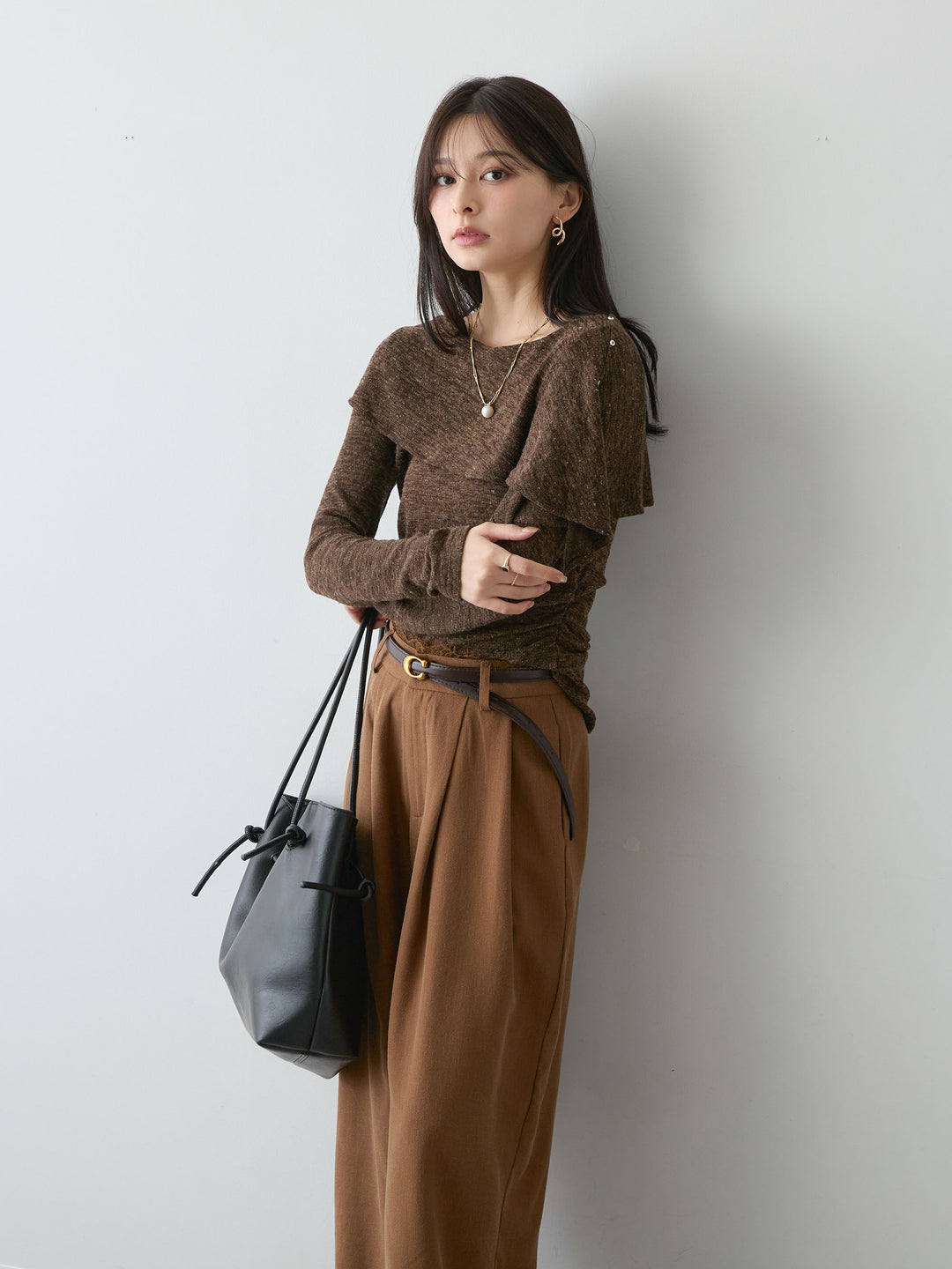 [SET]サイドギャザーアシメケープデザイントップス+ウエストレースドレープワイドパンツ(2set)