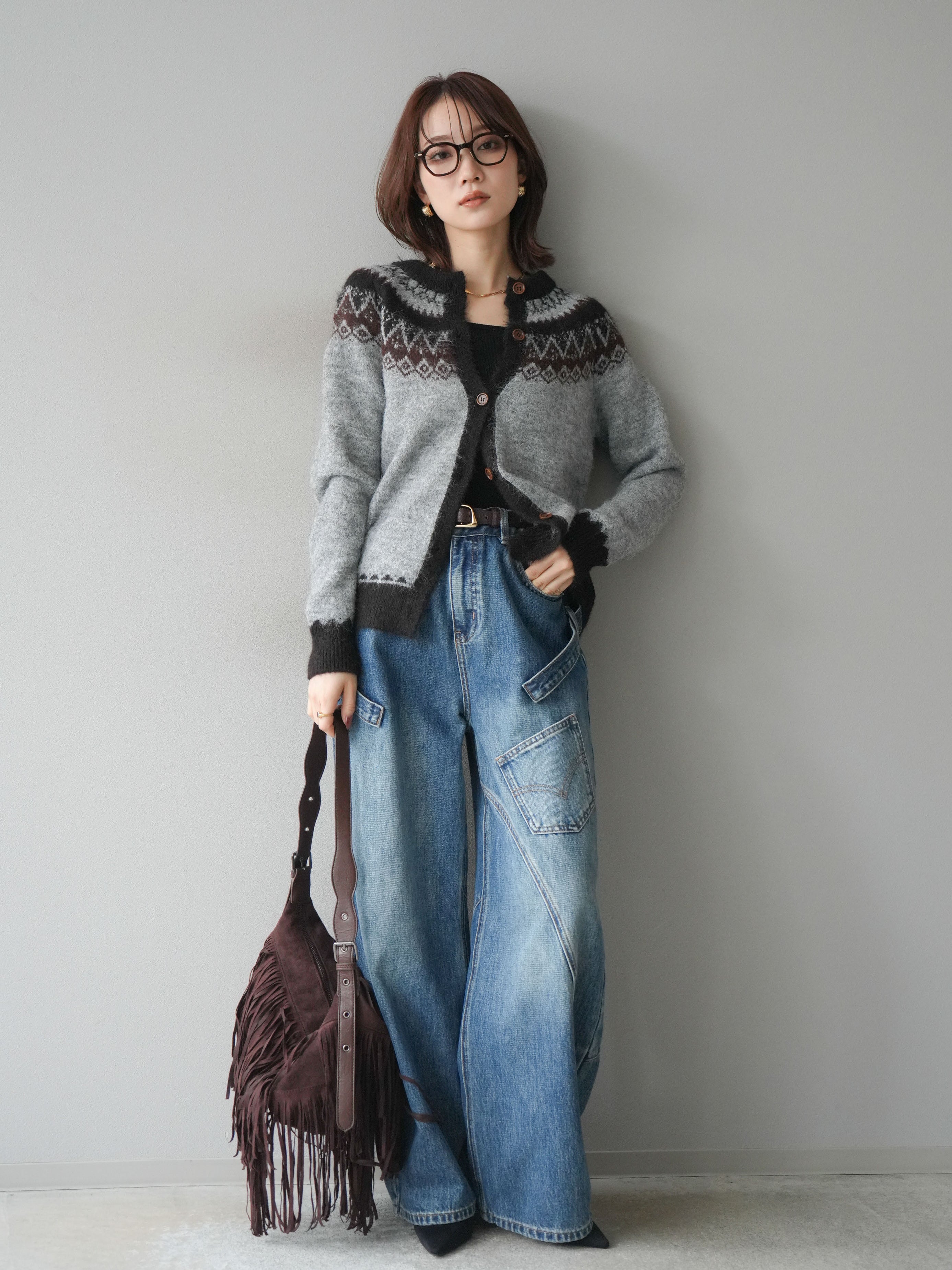 Lumier ペインターカーブデニム SET]ラメ異素材ボーダーリブニットプルオーバー+ペインターカーブ