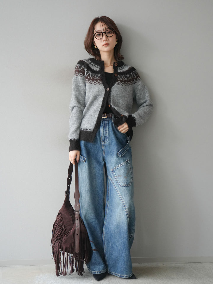 [SET]ノルディック柄ニットカーディガン+ペインターカーブデニムパンツ(2set)