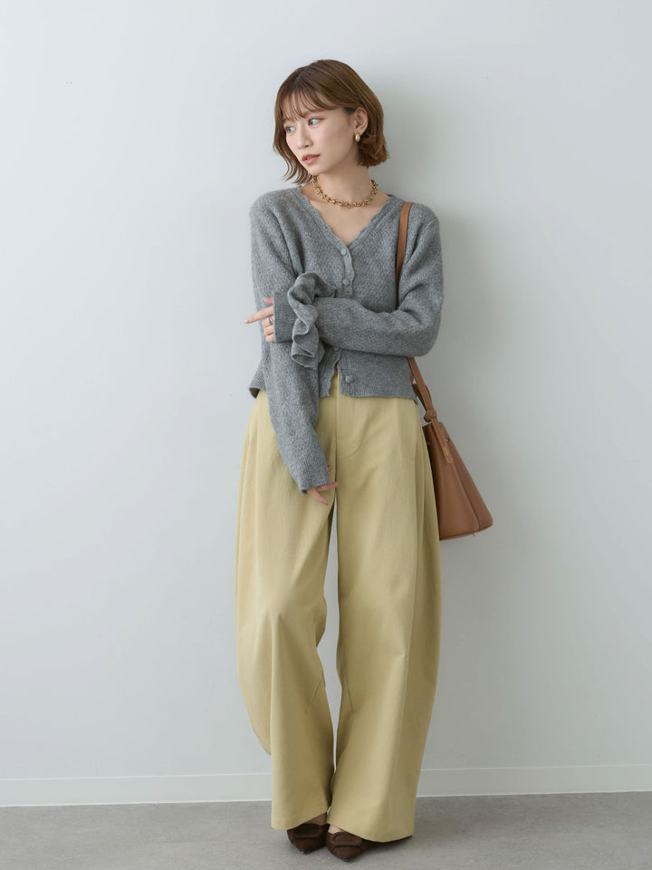 [SET]シュシュ付ラメニットカーディガン+サイドタックギャザーカーブパンツ(2set)