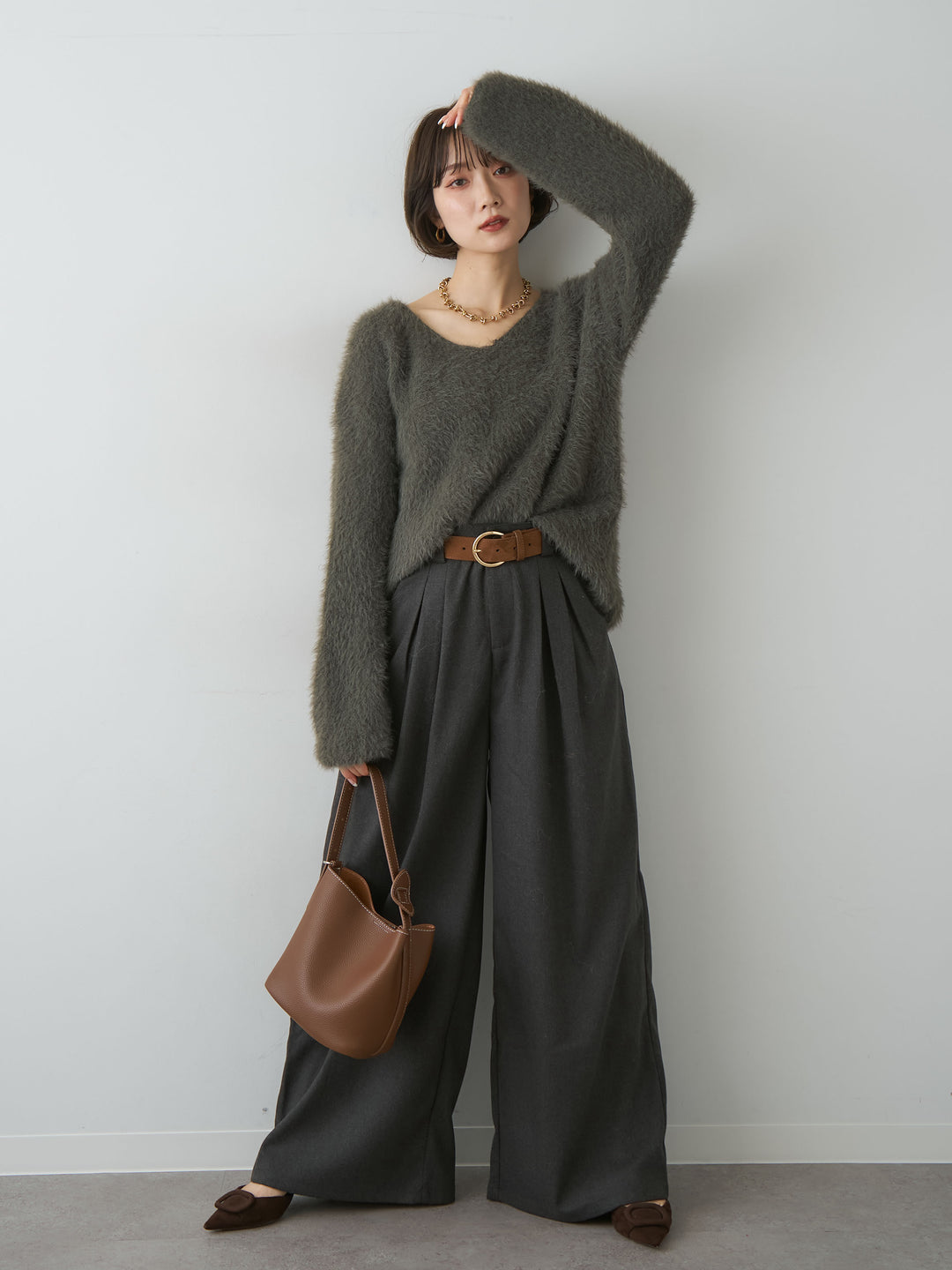 [SET]シャギーVネックニットトップス+ダブルタックドレープストレートワイドパンツ(2set)