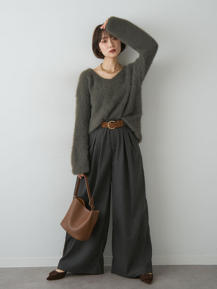 [SET]シャギーVネックニットトップス+ダブルタックドレープストレートワイドパンツ(2set)