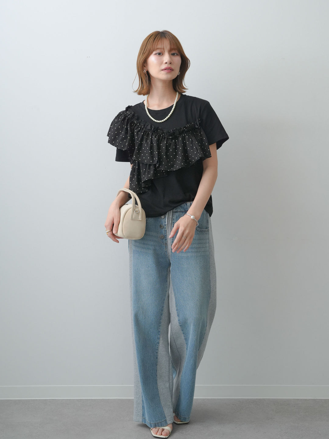 [SET]ドットギャザーフリルデザインTEE+デニム切替スウェットパンツ(2set)
