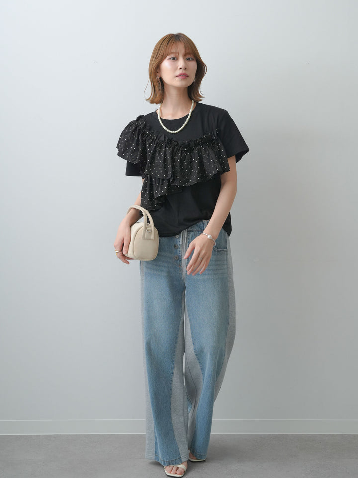 [SET]ドットギャザーフリルデザインTEE+デニム切替スウェットパンツ(2set)