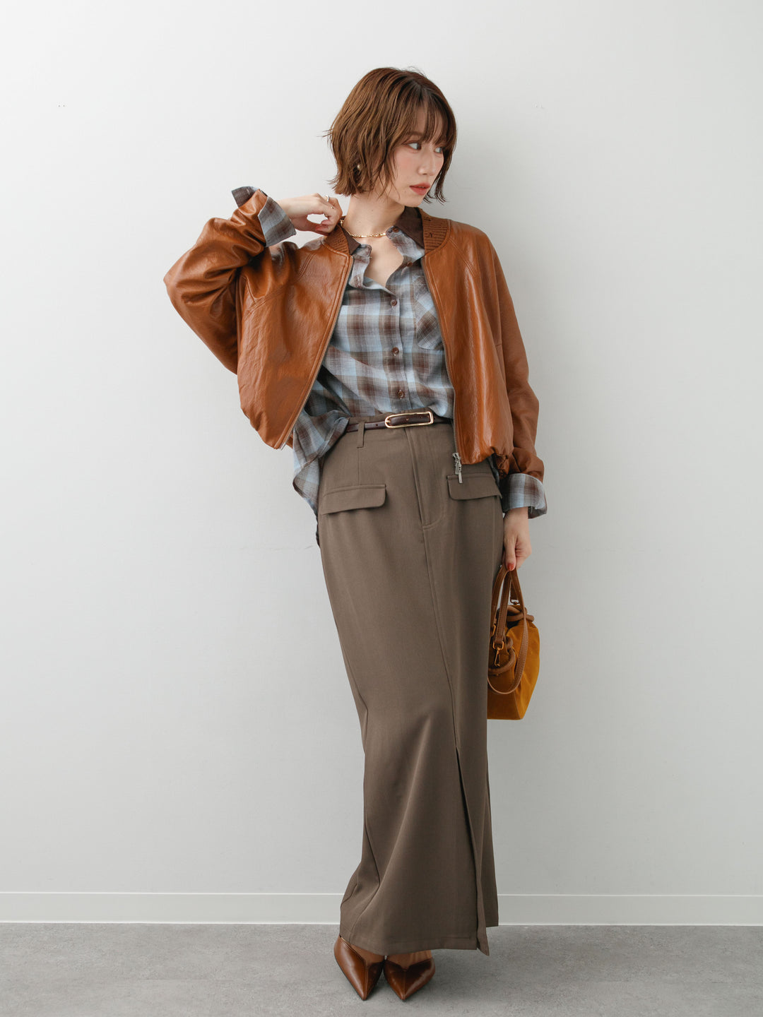 [SET]レザーライクドルマンブルゾン+チェックオーバーシャツ+クレープデシンフラップ付きストレートスカート(3set)