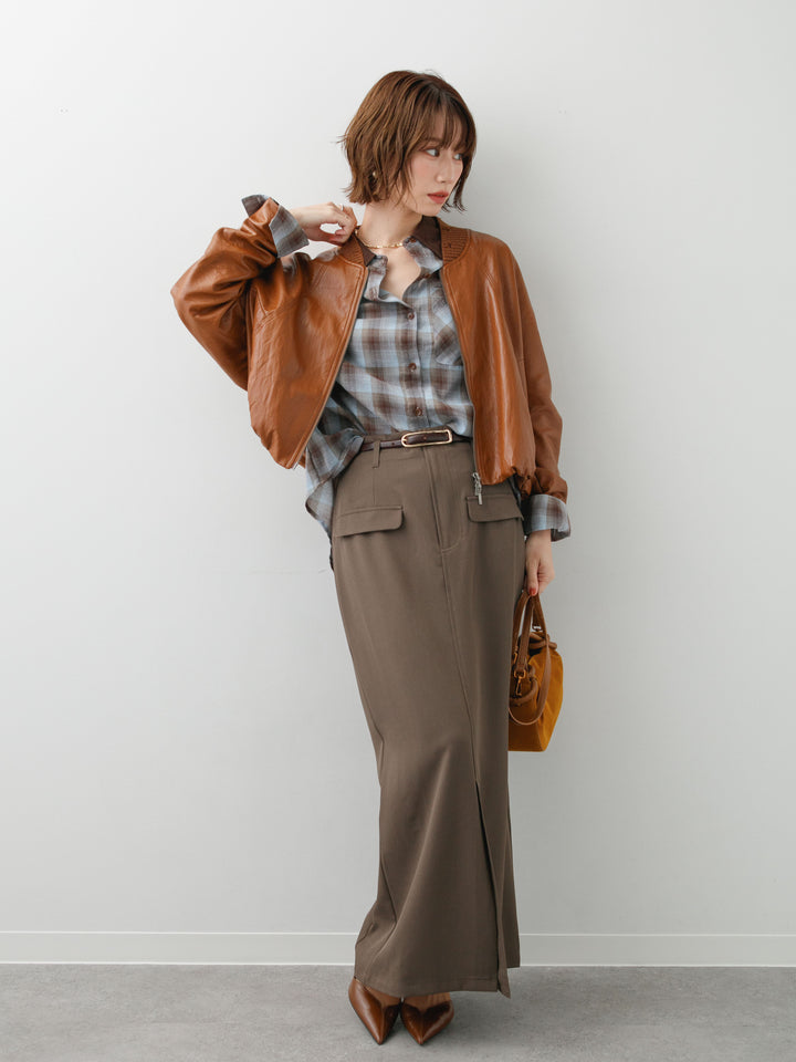 [SET]レザーライクドルマンブルゾン+チェックオーバーシャツ+クレープデシンフラップ付きストレートスカート(3set)