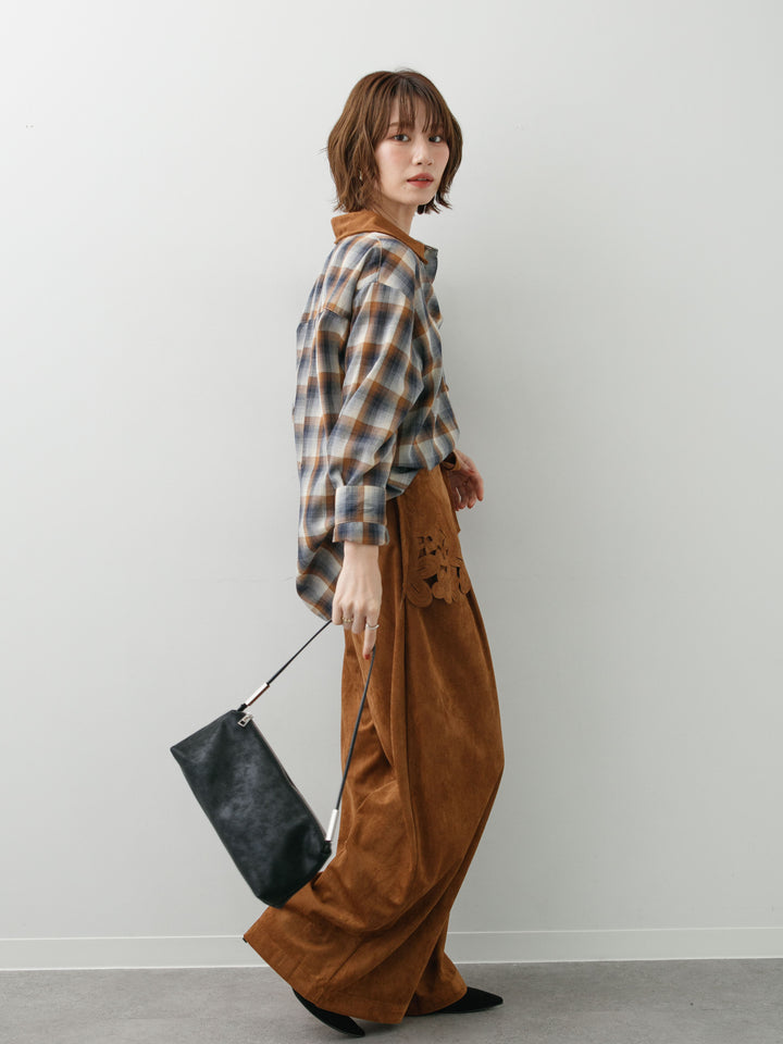 [SET]チェックオーバーシャツ+スウェードタッチカットワークワイドパンツ(2set)