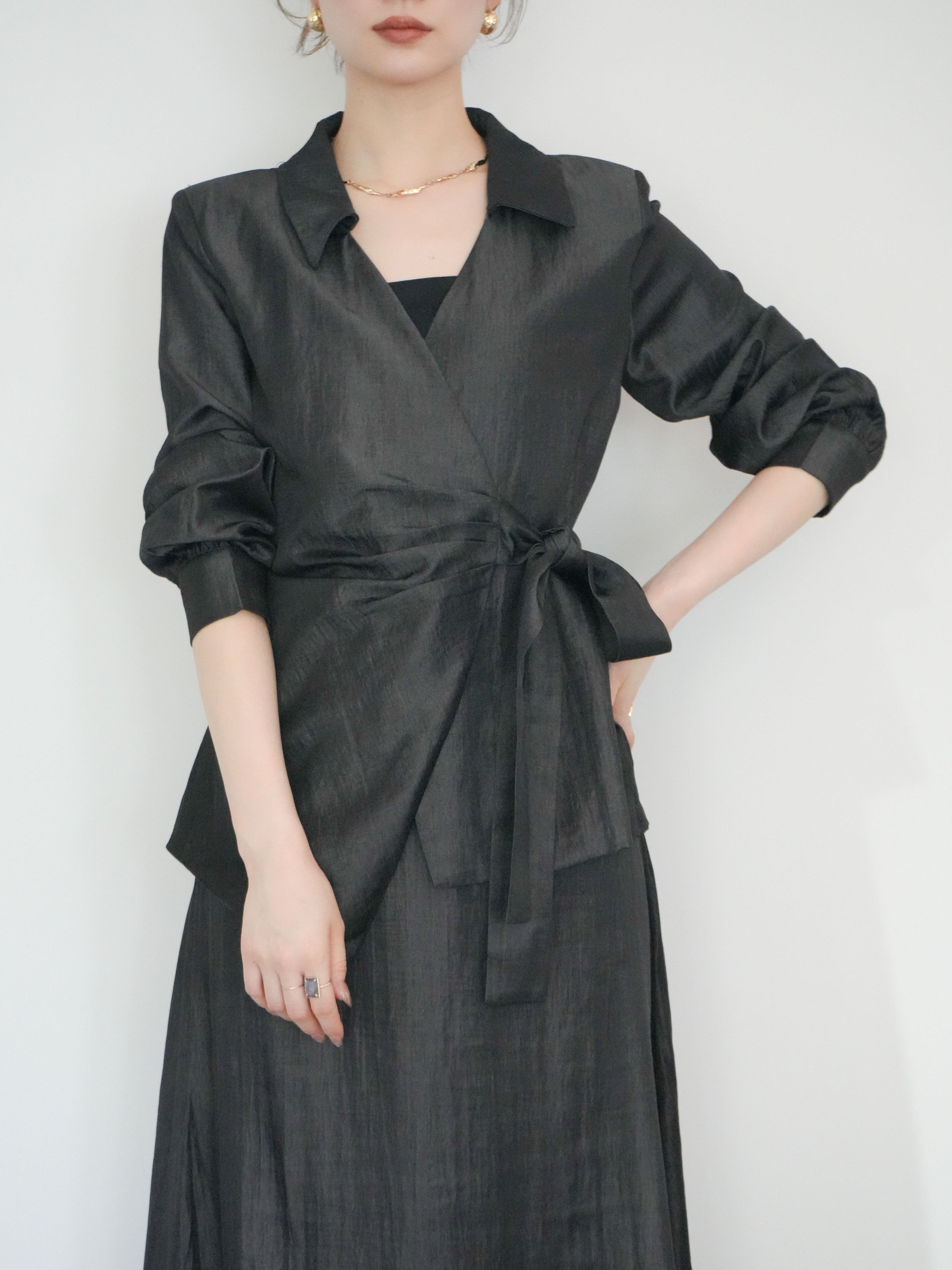 SET]バックレースカシュクールブラウス&ナローフレアマキシスカートSET