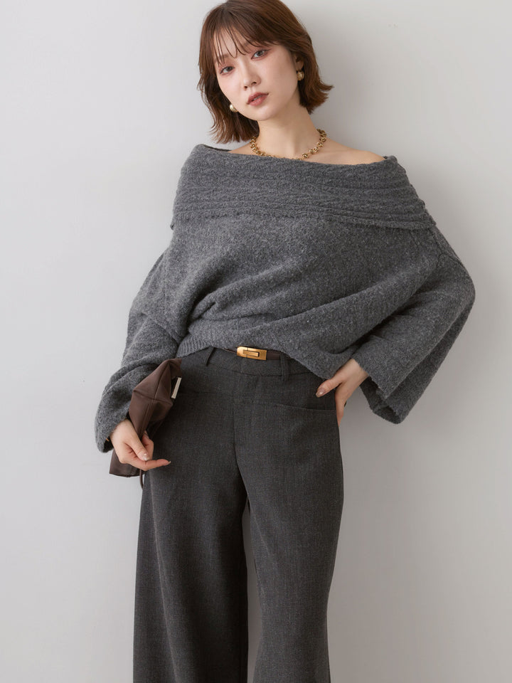 [SET]アシメデザインオフショルニットトップス+ベルト付ポケットデザインワイドストレートパンツ(2set)