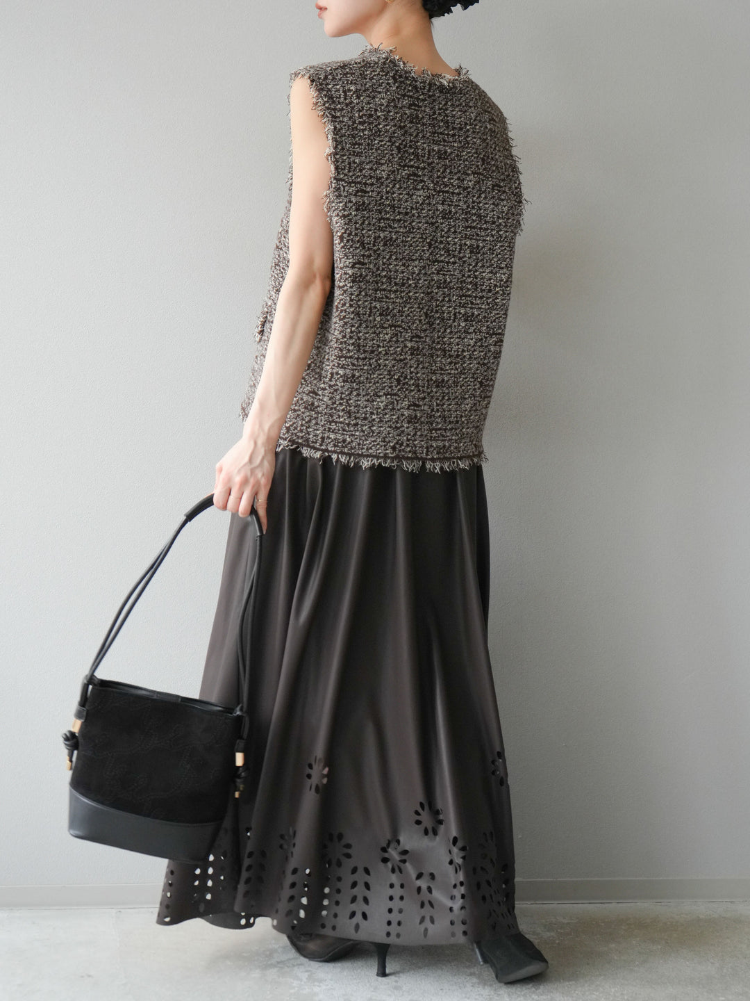 [予約]ミックスツイードフリンジニットベスト/ブラウン