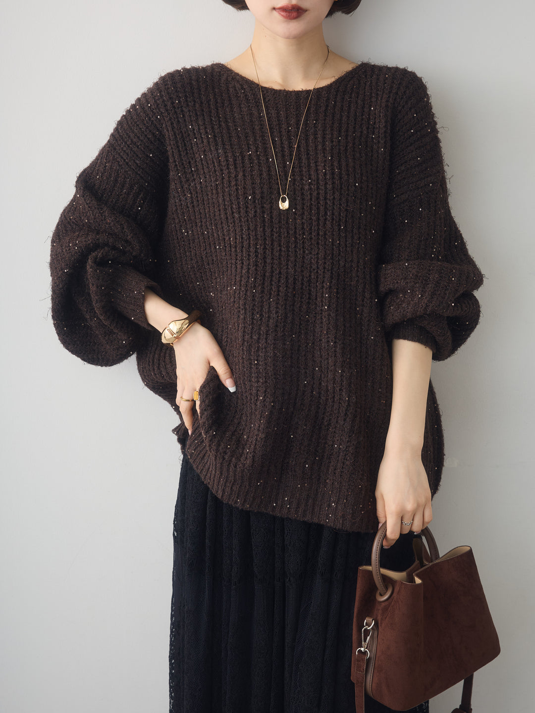 [予約]バルーンスリーブスパンリブニットトップス/brown