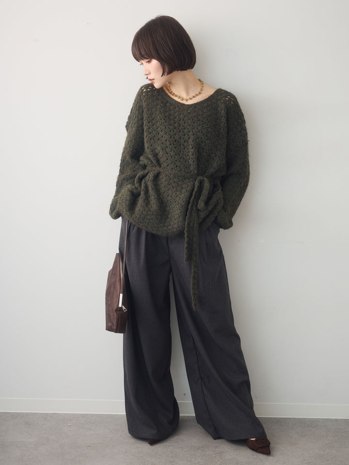 [SET]ニットベルト付ポップコーンプルオーバー+ダブルタックドレープストレートワイドパンツ(2set)