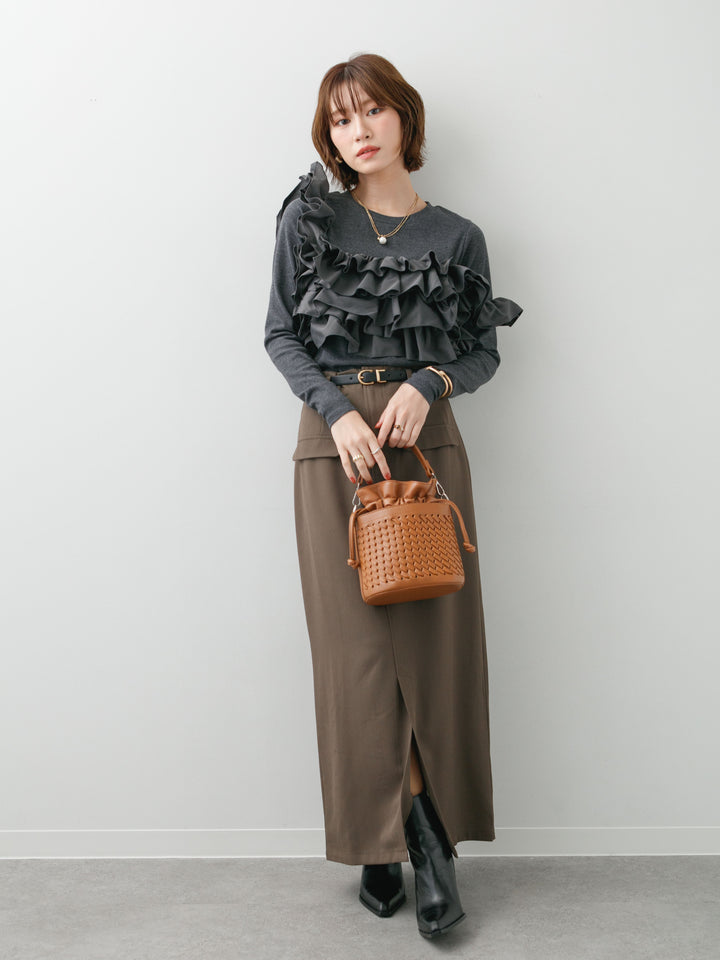 [SET]カットリブマルチWAYトップス+クレープデシンフラップ付きストレートスカート(2set)
