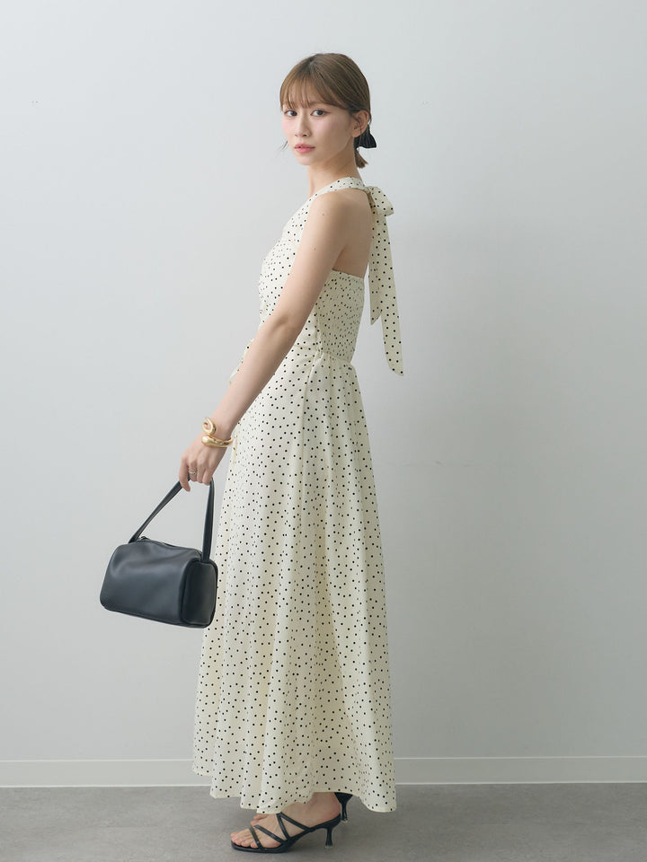 [SET]ホルターネックドット柄シャーリングデザインワンピース+ホルターネックドット柄シャーリングデザインワンピース(2set)