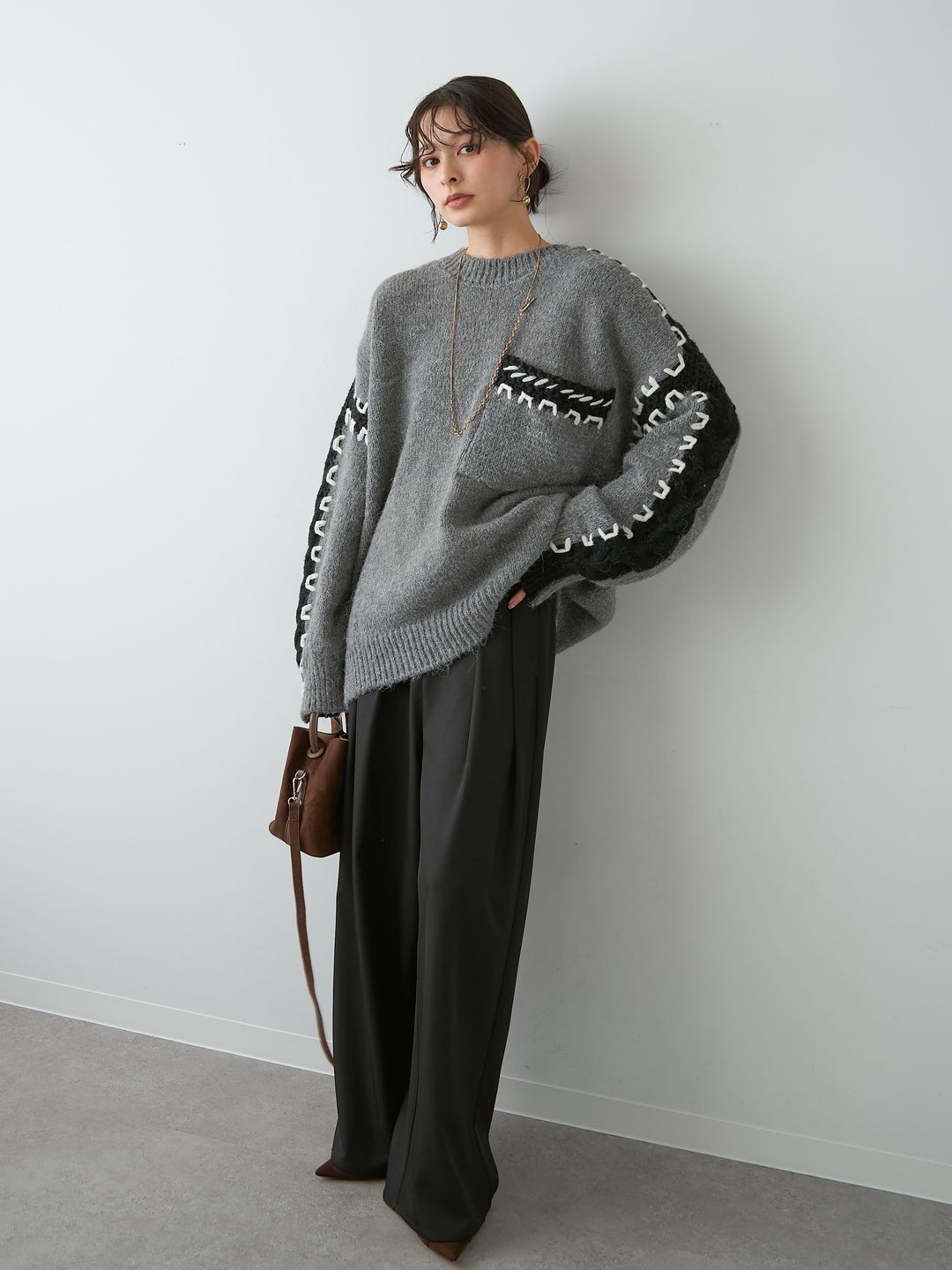 [SET]ハンドステッチデザインニットトップス+ツイルタックワイドパンツ(2set)