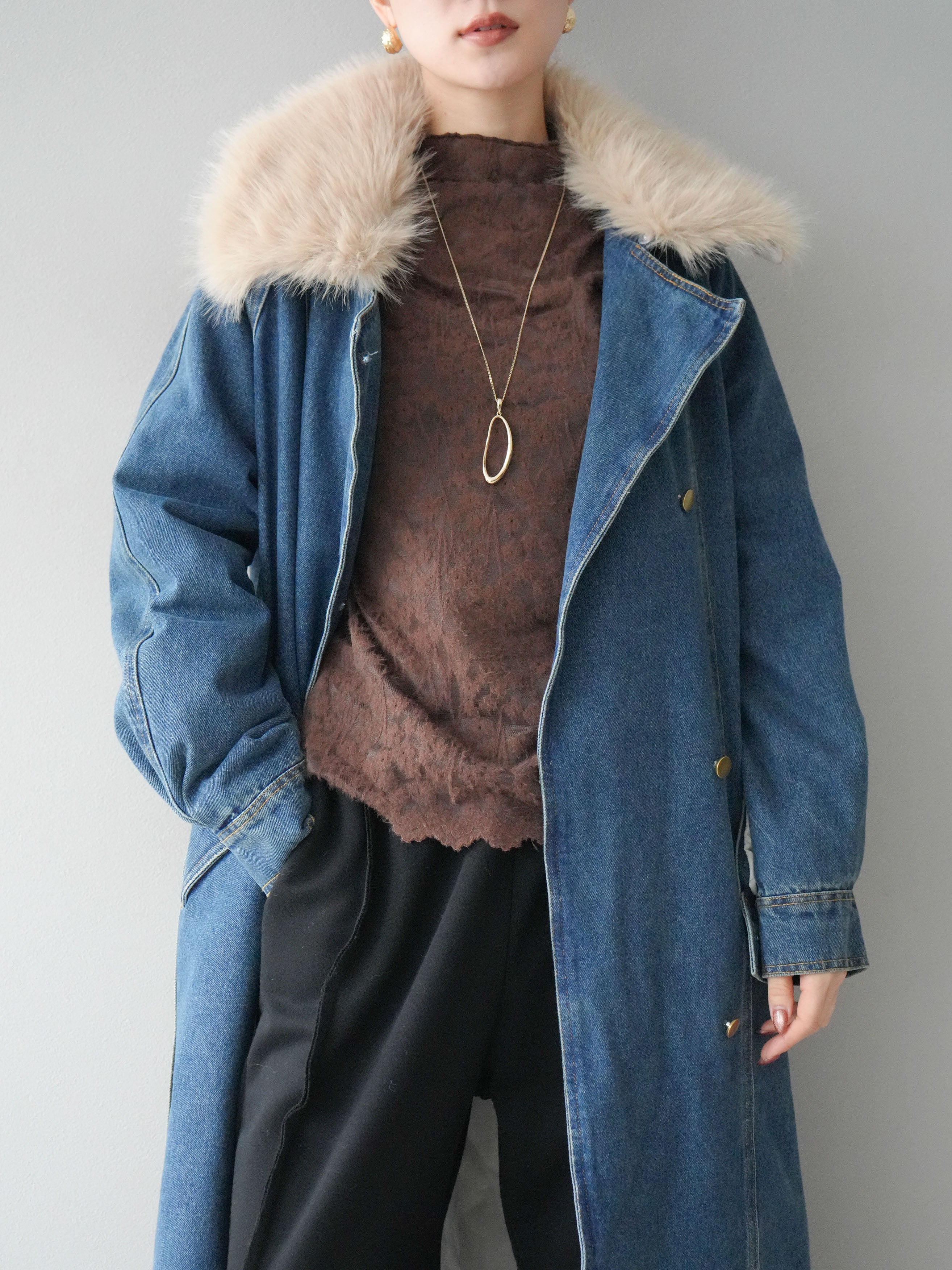 予約]ファー襟デニムロングコート/blue – Lumier
