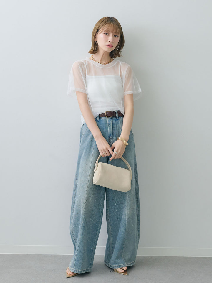 [SET]インナーキャミ付シアーオーバーTEE+フロントビジューカーブデニムパンツ(2set)