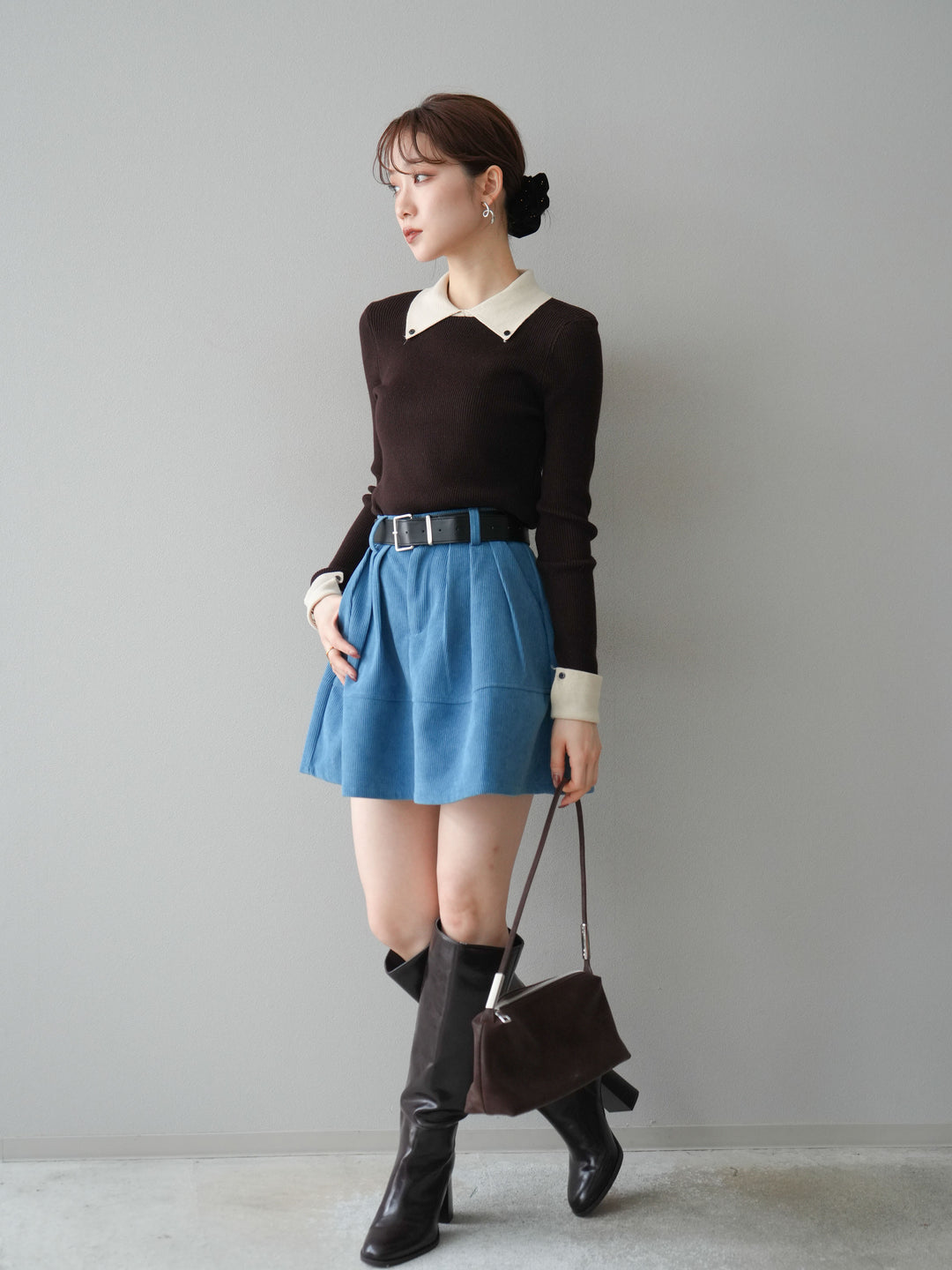 [予約]ベルト付インパンコーデュロイタックフレアスカート/blue
