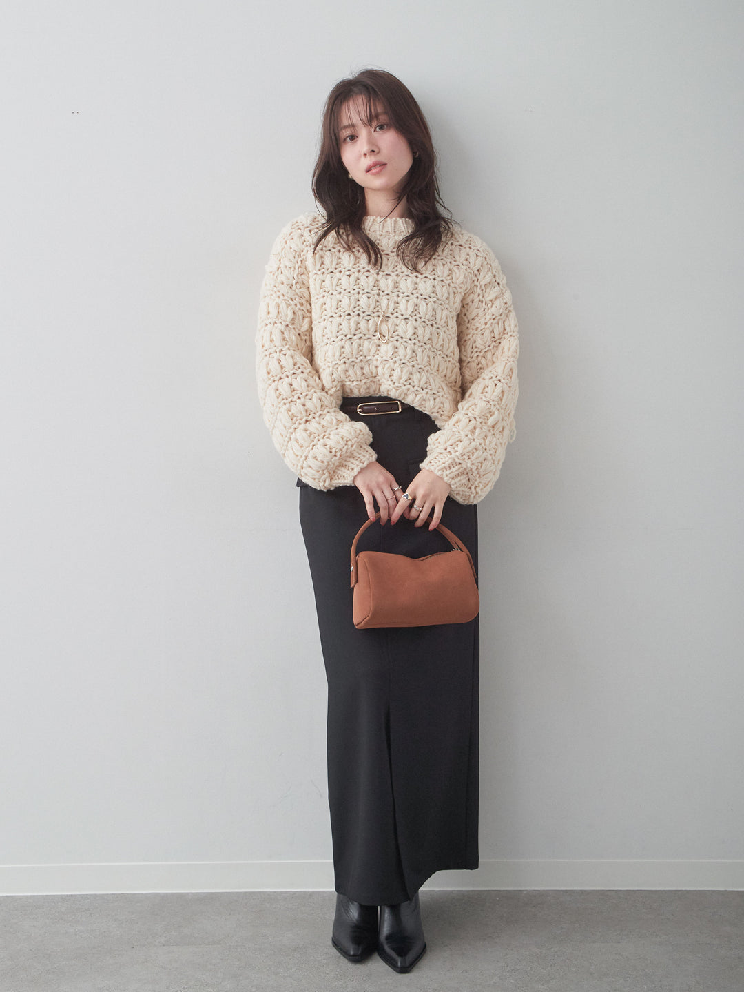 [SET]ループクロップニットトップス+クレープデシンフラップ付きストレートスカート(2set)