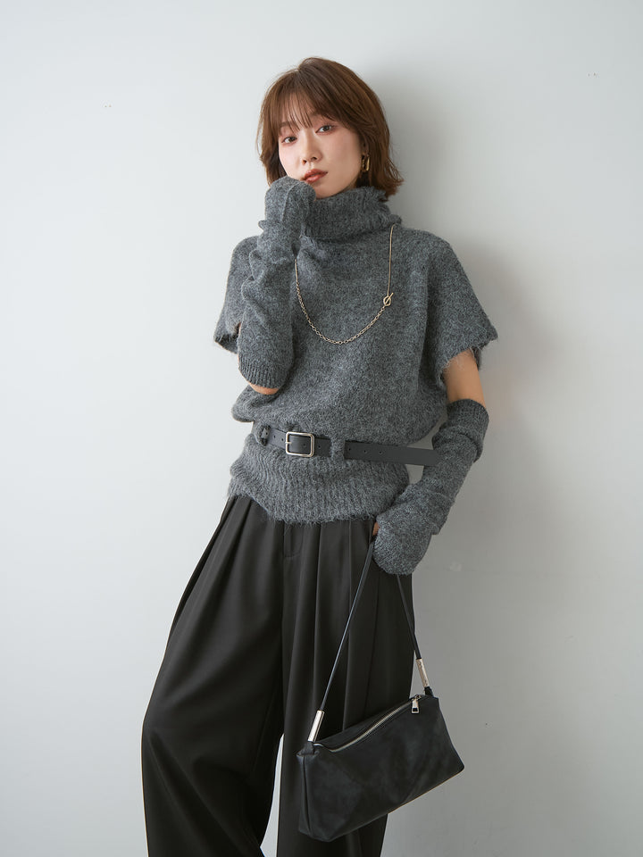 [SET]アームウォーマー付ベルテッドニットトップス+ツイルタックワイドパンツ(2set)