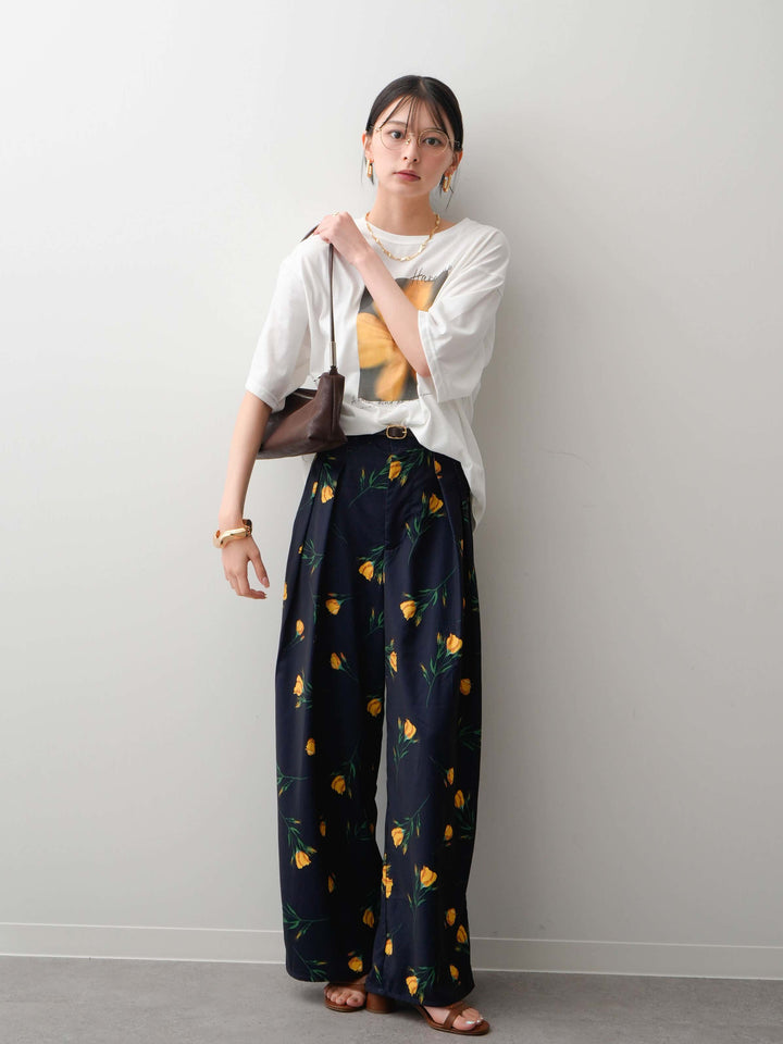 【着回しセット】フラワーフォトTEE+フラワープリントドレープタックパンツ+フラワープリントIラインギャザースカート(3set)