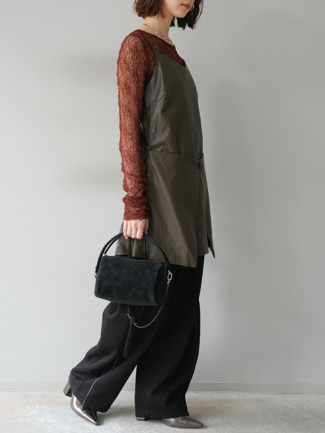 [予約]レイヤードレザーキャミソールチュニック/ブラウン