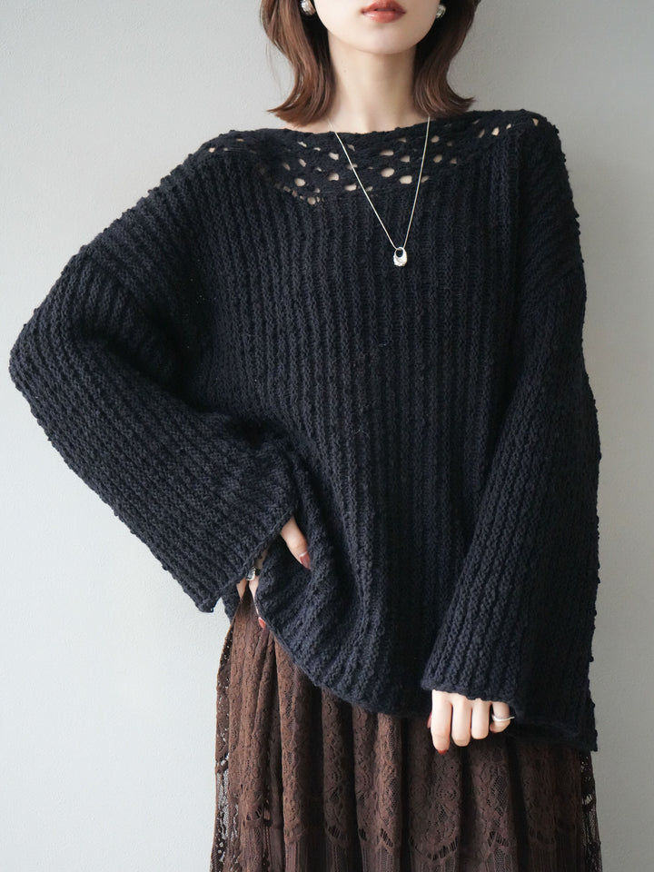 [予約]ボートネック透かし編みニットプルオーバー/navy