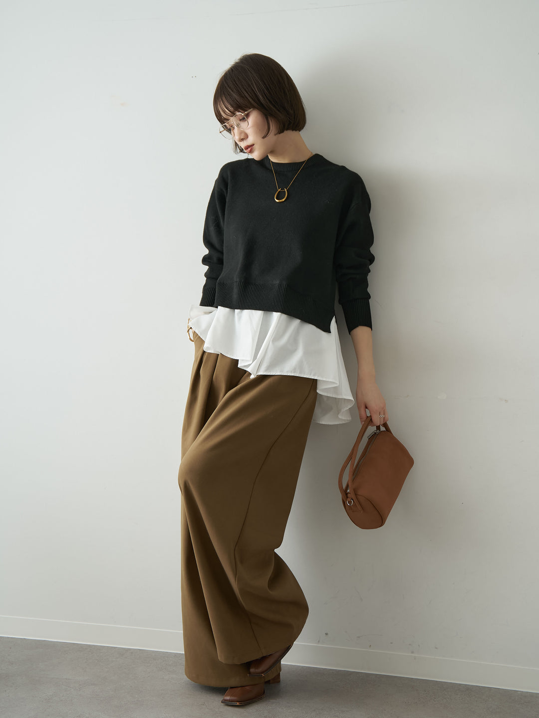 [SET]アシンメトリーシャツレイヤードニットプルオーバー+ダブルタックドレープストレートワイドパンツ(2set)