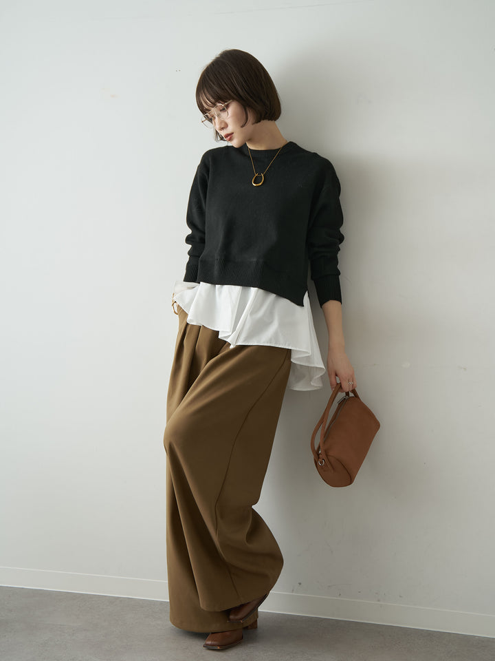 [SET]アシンメトリーシャツレイヤードニットプルオーバー+ダブルタックドレープストレートワイドパンツ(2set)