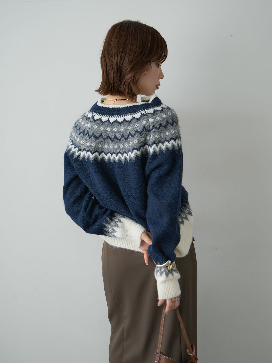 [SET]メタルボタンノルディックカーディガン+クレープデシンフラップ付きストレートスカート(2set)