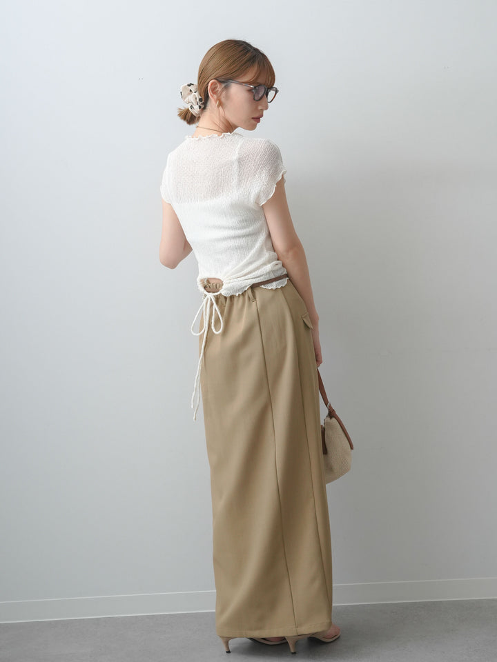 [SET]シャーリングシアーバックオープンフレンチトップス+クレープデシンフラップ付きストレートスカート(2set)