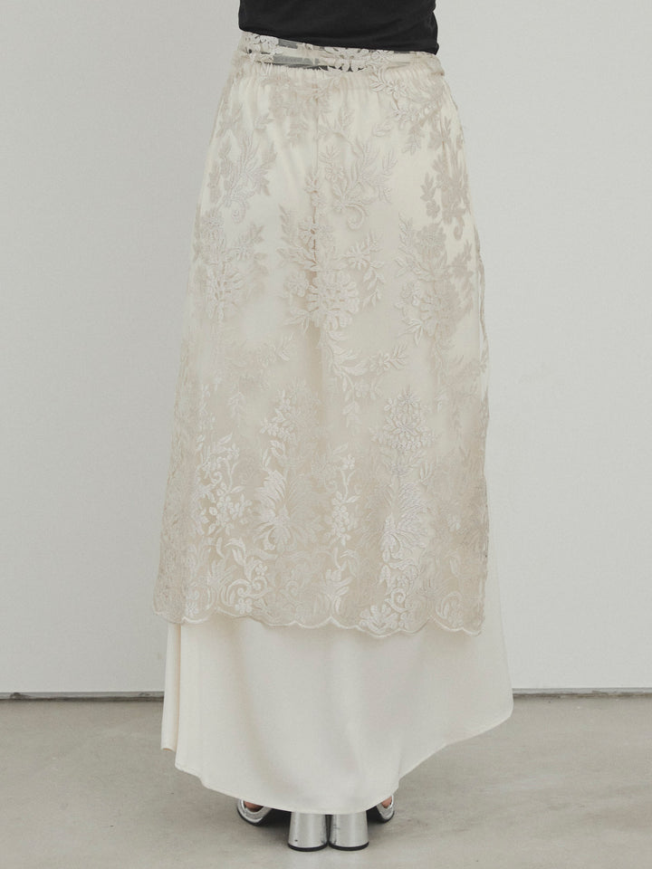 [D] 薄紗提花裹身長裙/米色