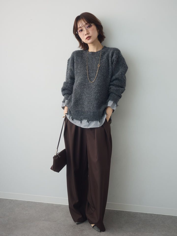 [SET]シャツレイヤードデザインモヘアプルオーバー+ツイルタックワイドパンツ(2set)