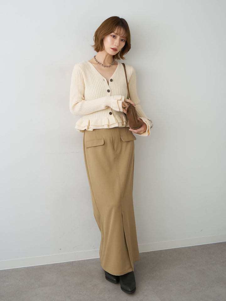 [SET]アルパカタッチフリルカーディガン+クレープデシンフラップ付きストレートスカート(2set)