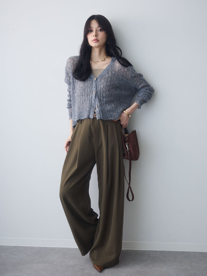 [SET]ダメージテクスチャーシアーニットカーディガン+ツータックドレープストレートパンツ(2set)
