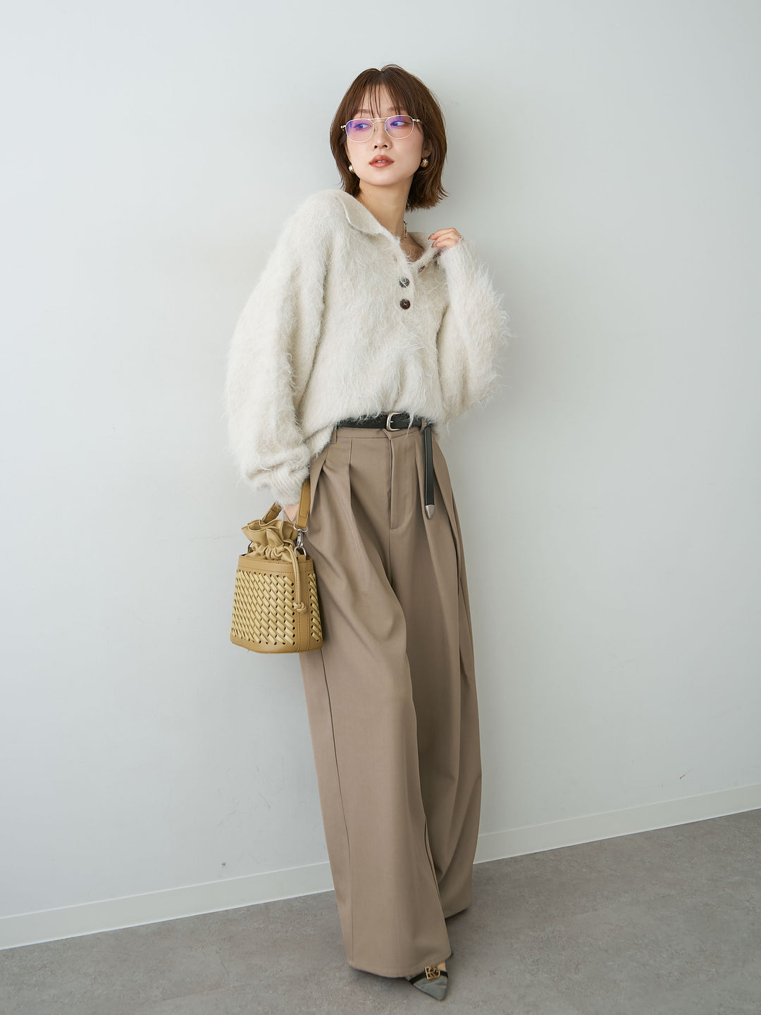 [SET]ヘンリーシャギーニットトップス+ツイルタックワイドパンツ(2set)