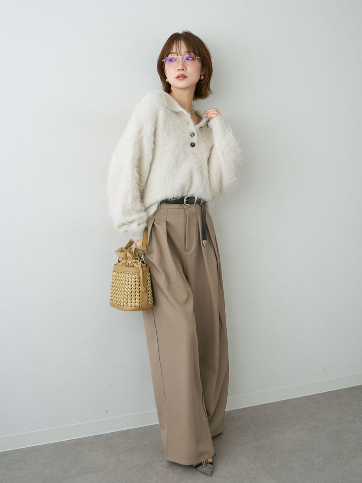 [SET]ヘンリーシャギーニットトップス+ツイルタックワイドパンツ(2set)
