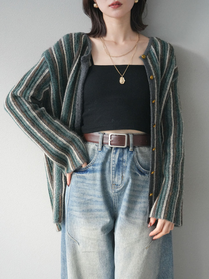 [予約]アンティークボタンストライプニットカーディガン/charcoal