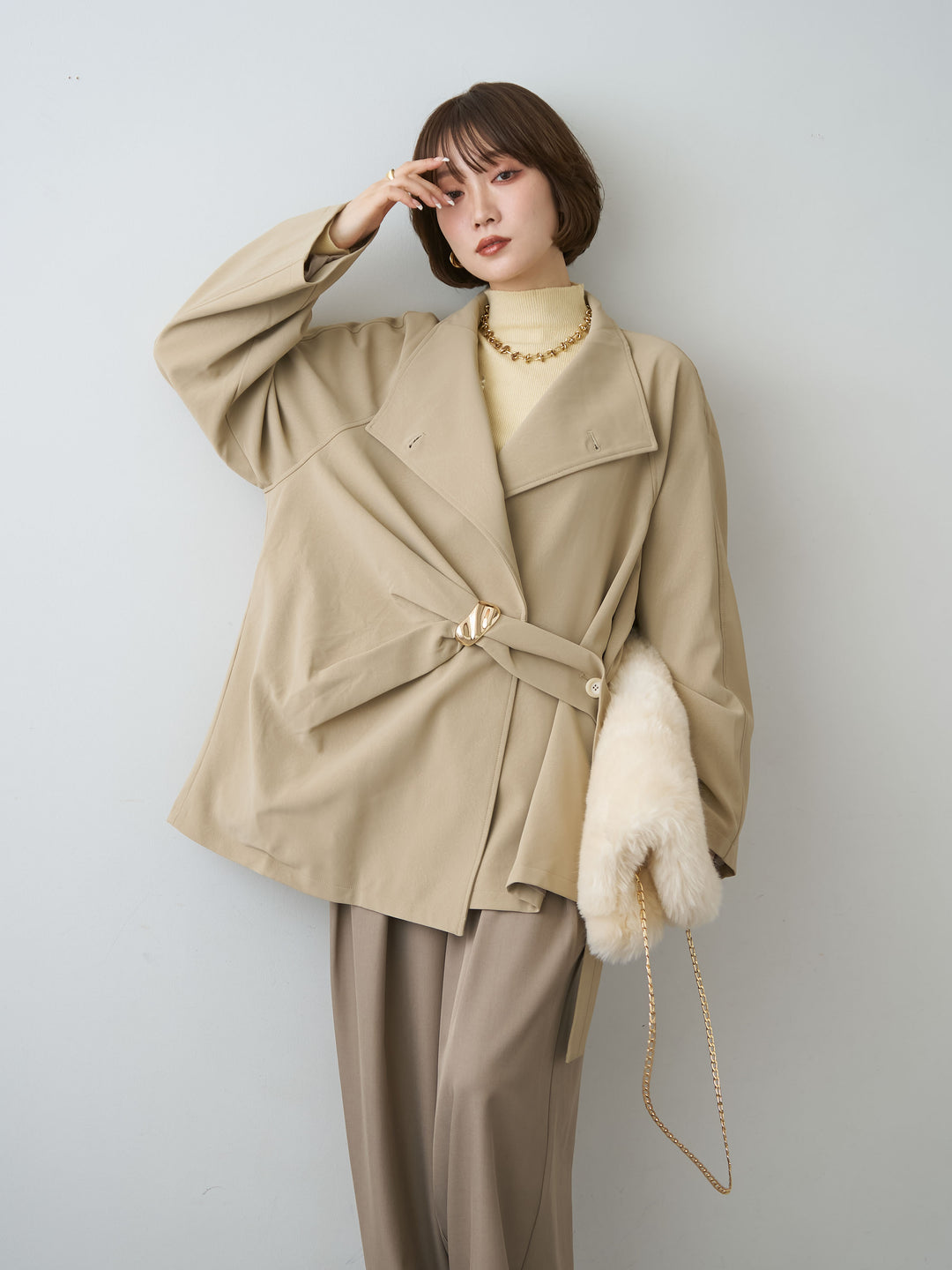 [予約]メタルモチーフレザータッチアシメジャケット/beige