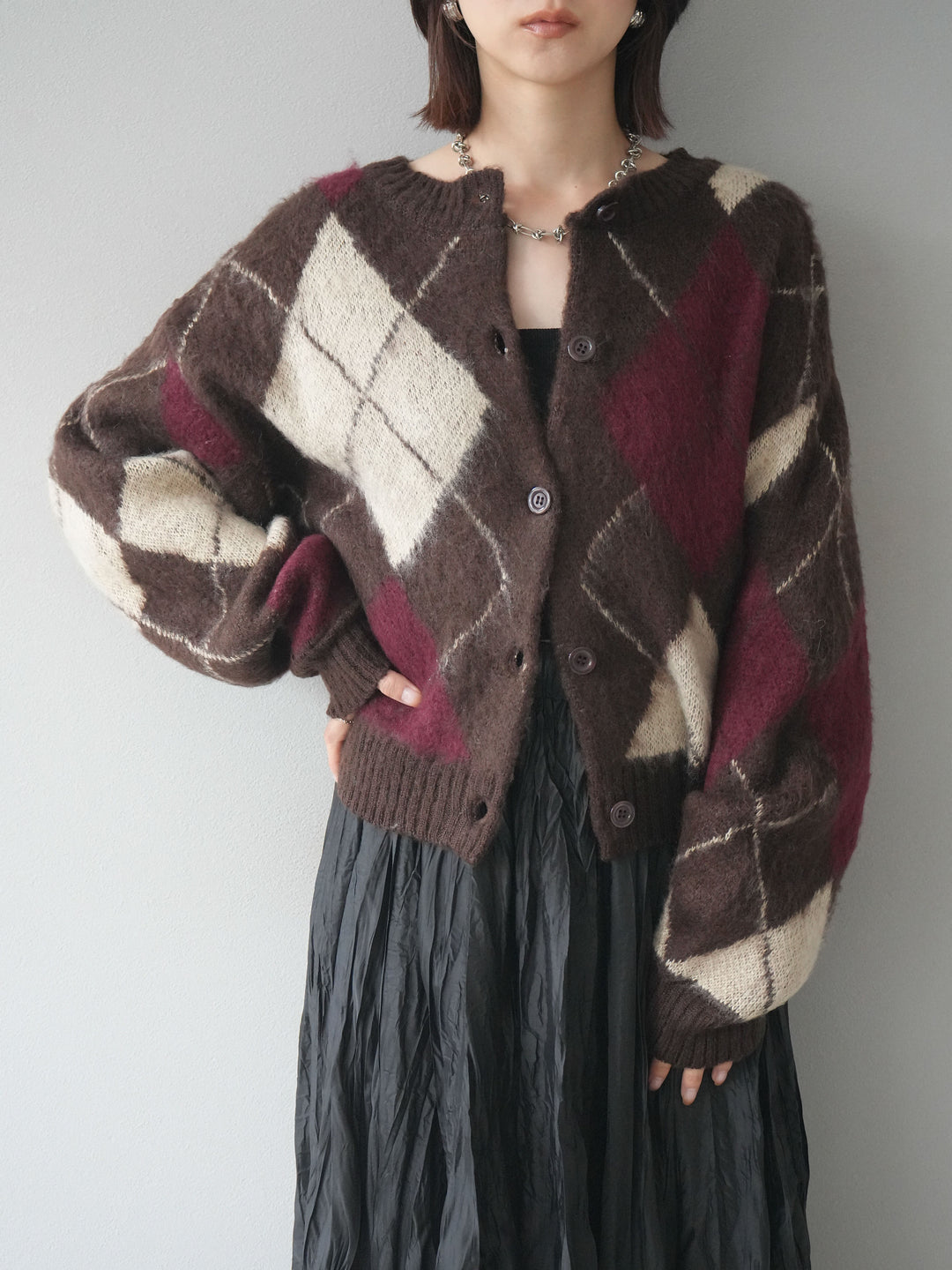[予約]モヘアタッチアーガイルニットカーディガン/brown