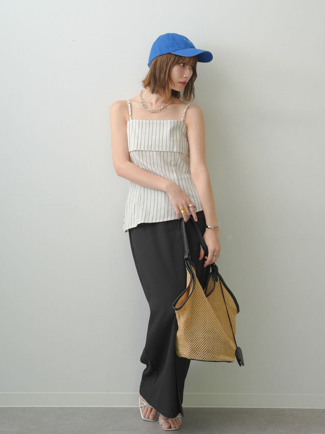 [SET]ストライプアシメキャミソール+クレープデシンフラップ付きストレートスカート(2set)