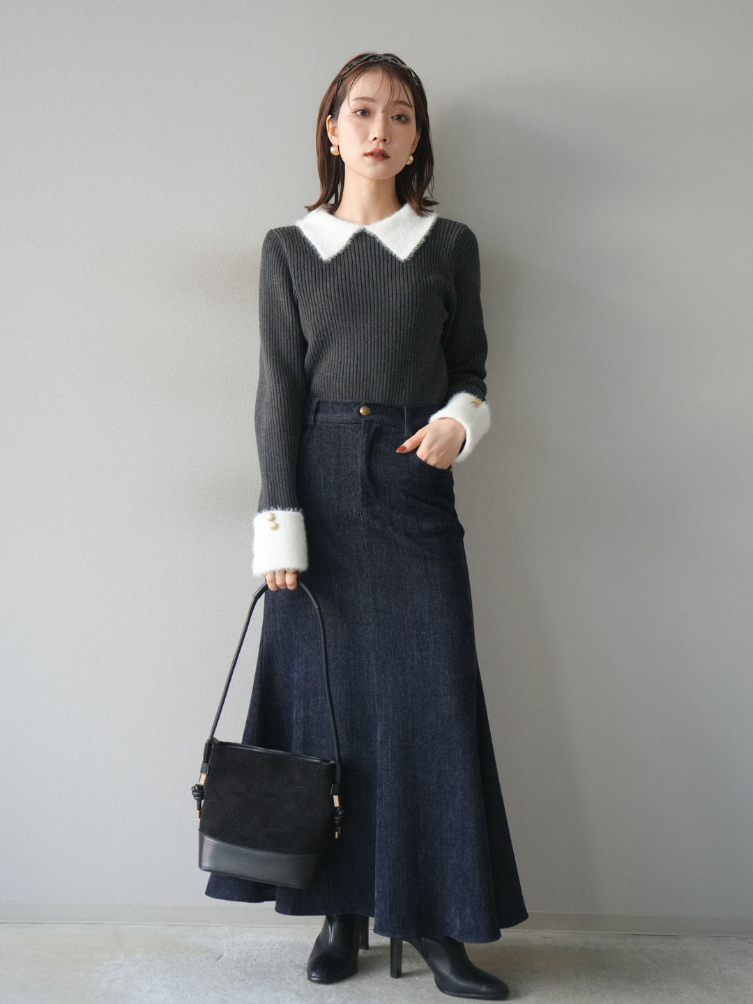 [SET]シャギー襟リブニットトップス+ベルベットマーメイドスカート(2set)