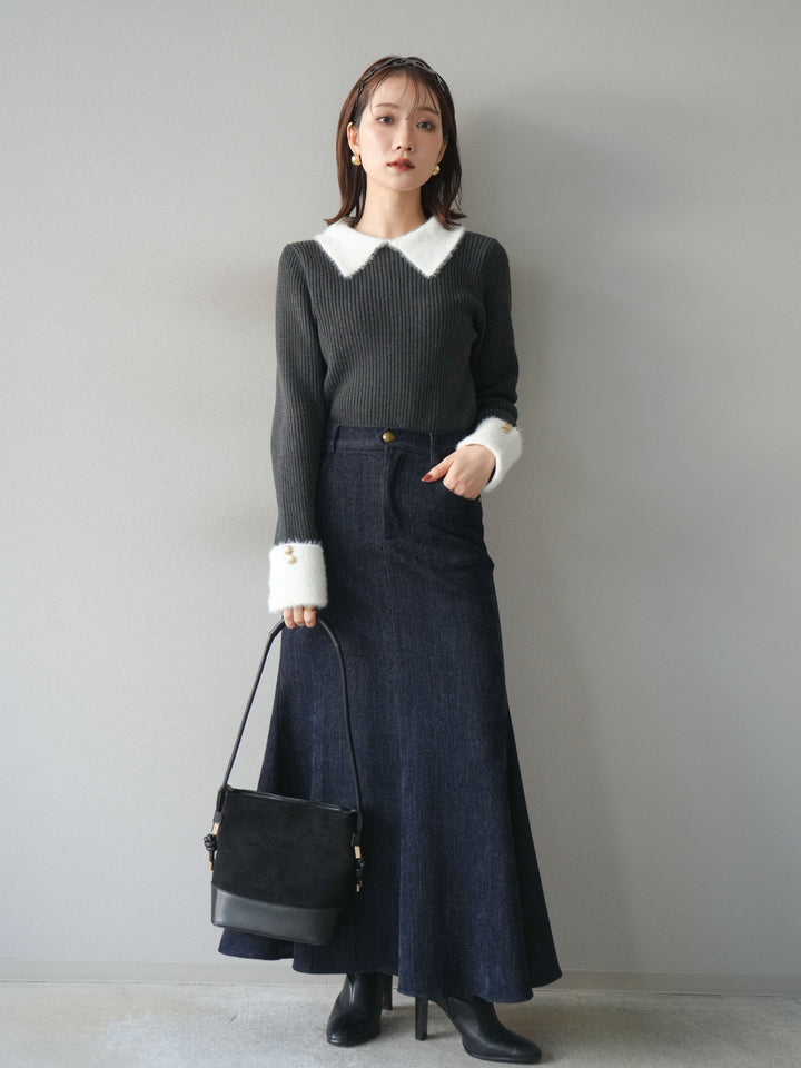 [SET]シャギー襟リブニットトップス+ベルベットマーメイドスカート(2set)
