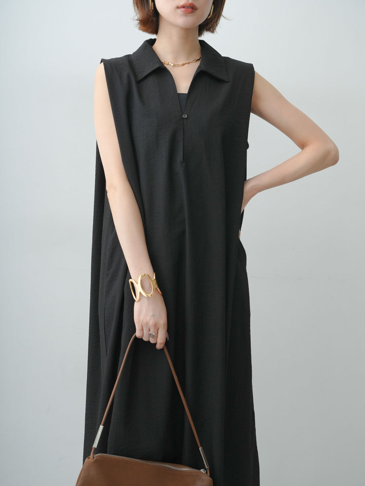[予約]リネンライクスキッパーショルダータックワンピース/black
