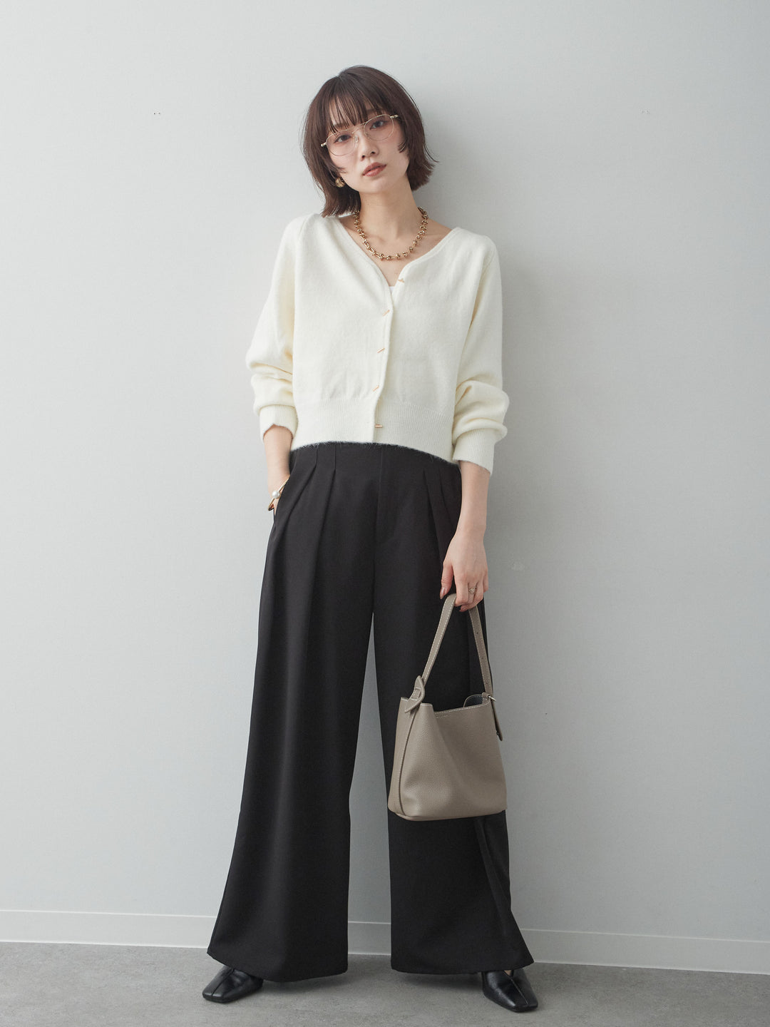 [SET]ゴールドラインボタンカーディガン+クレープデシンタックワイドパンツ(2set)