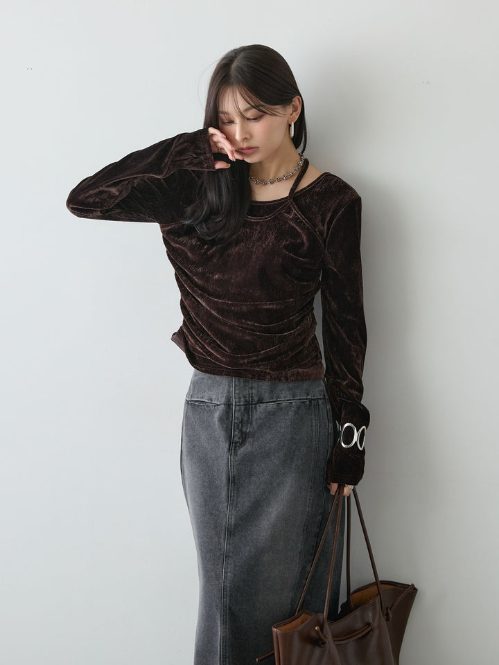 [予約]ベロアレイヤードデザイントップス/brown