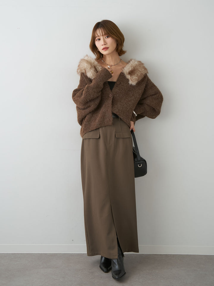 [SET]ファーカラードルマンリブニットカーディガン+クレープデシンフラップ付きストレートスカート(2set)